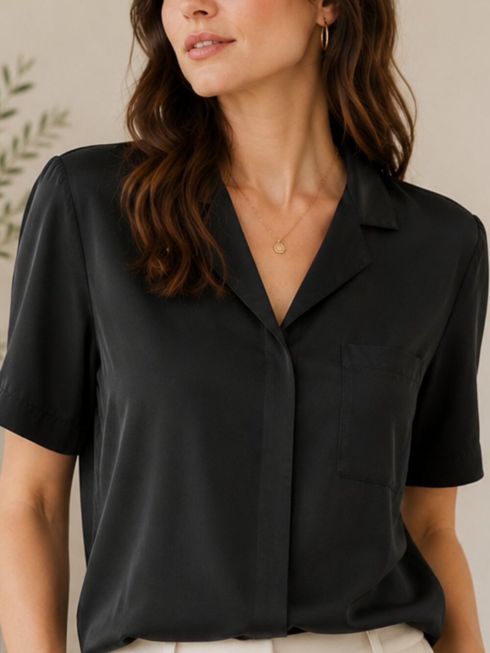 Vintage Janine Black 100% Silk Button-Front Blouse with Shoulder Pads